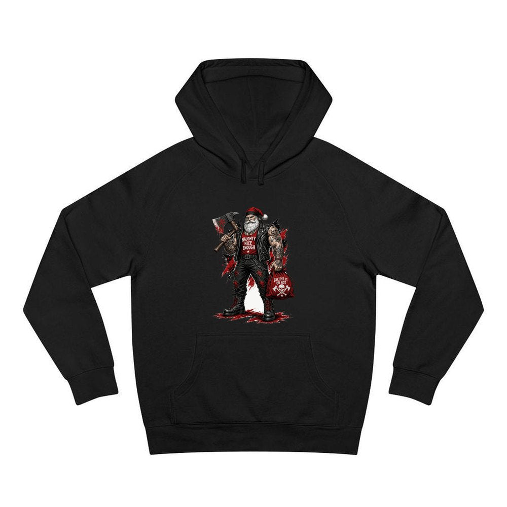 Naughty Nice Enough Biker Santa personalised Christmas hoodie in black