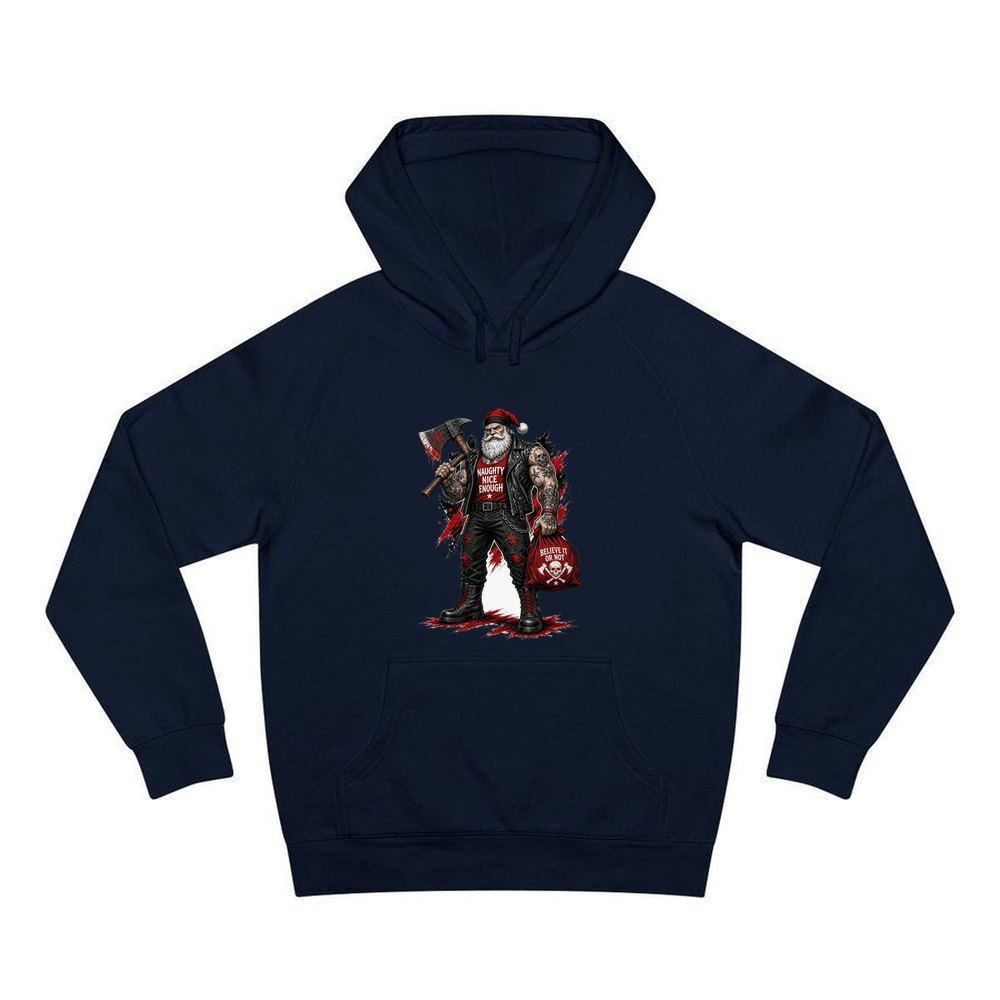 Naughty Nice Enough Biker Santa personalised Christmas hoodie in navy