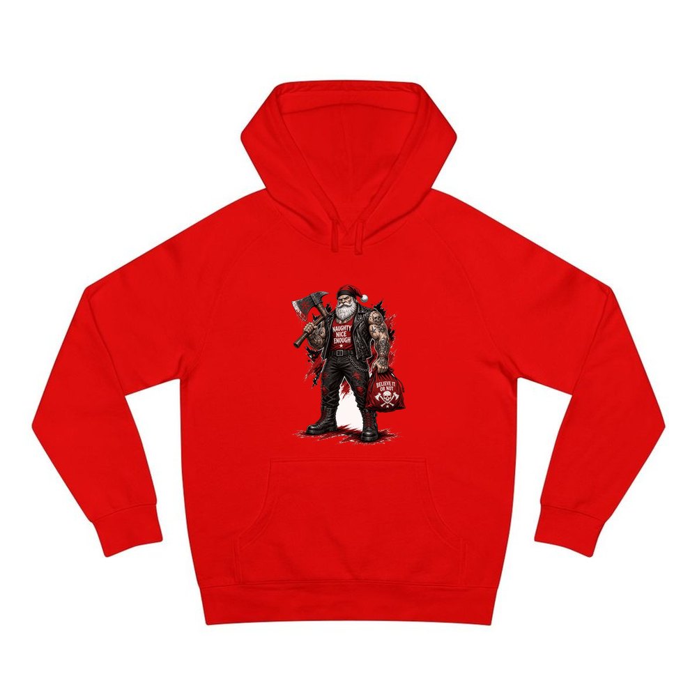 Naughty Nice Enough Biker Santa personalised Christmas hoodie in red