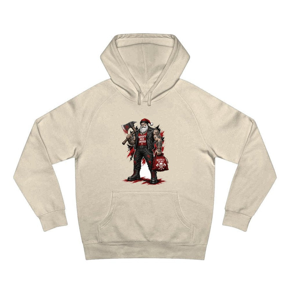 Naughty Nice Enough Biker Santa personalised Christmas hoodie in sand