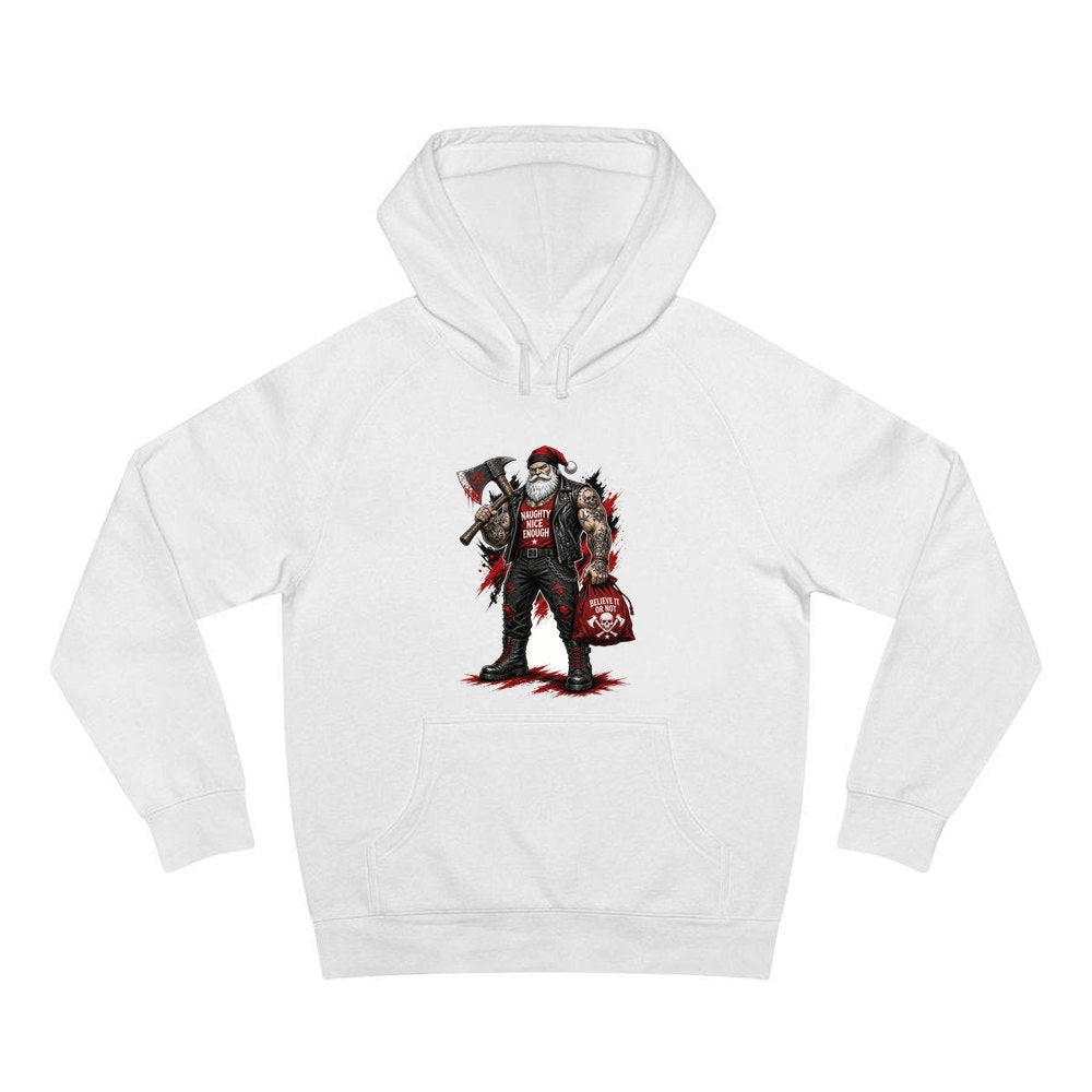 Naughty Nice Enough Biker Santa personalised Christmas hoodie in white
