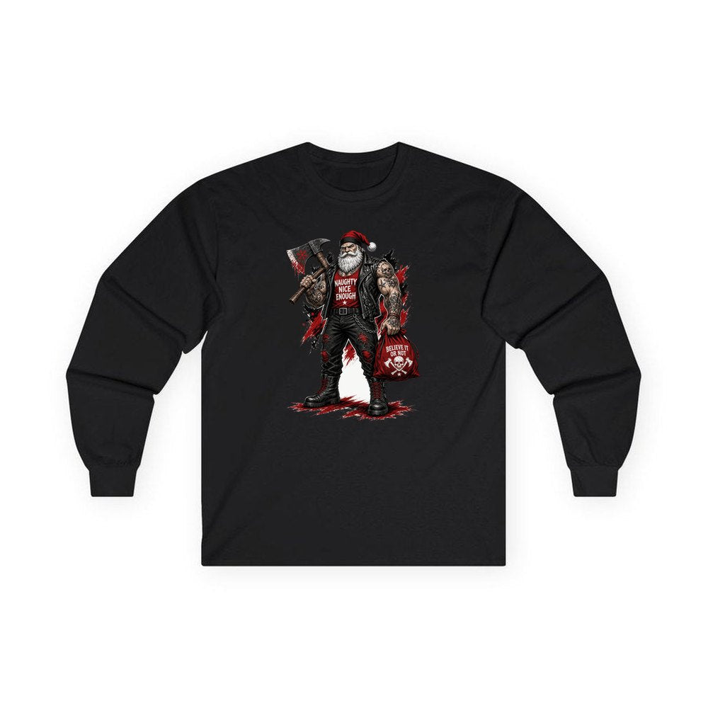Naughty Nice Enough Biker Santa personalised long sleeve Christmas T-shirt in black