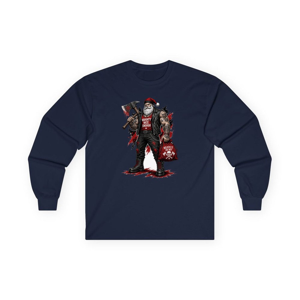Naughty Nice Enough Biker Santa personalised long sleeve Christmas T-shirt in navy