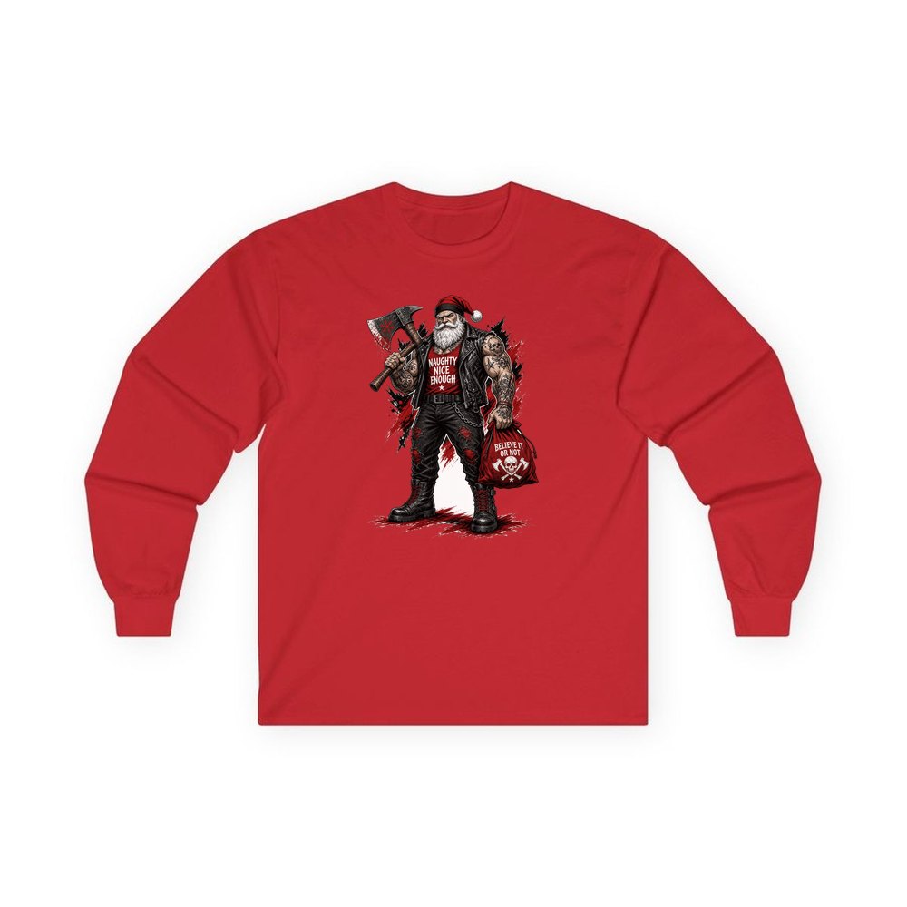 Naughty Nice Enough Biker Santa personalised long sleeve Christmas T-shirt in red