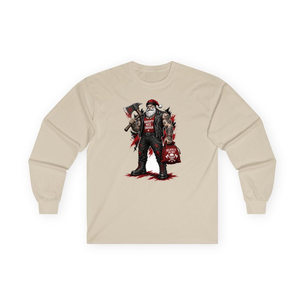 Naughty Nice Enough Biker Santa personalised long sleeve Christmas T-shirt in sand
