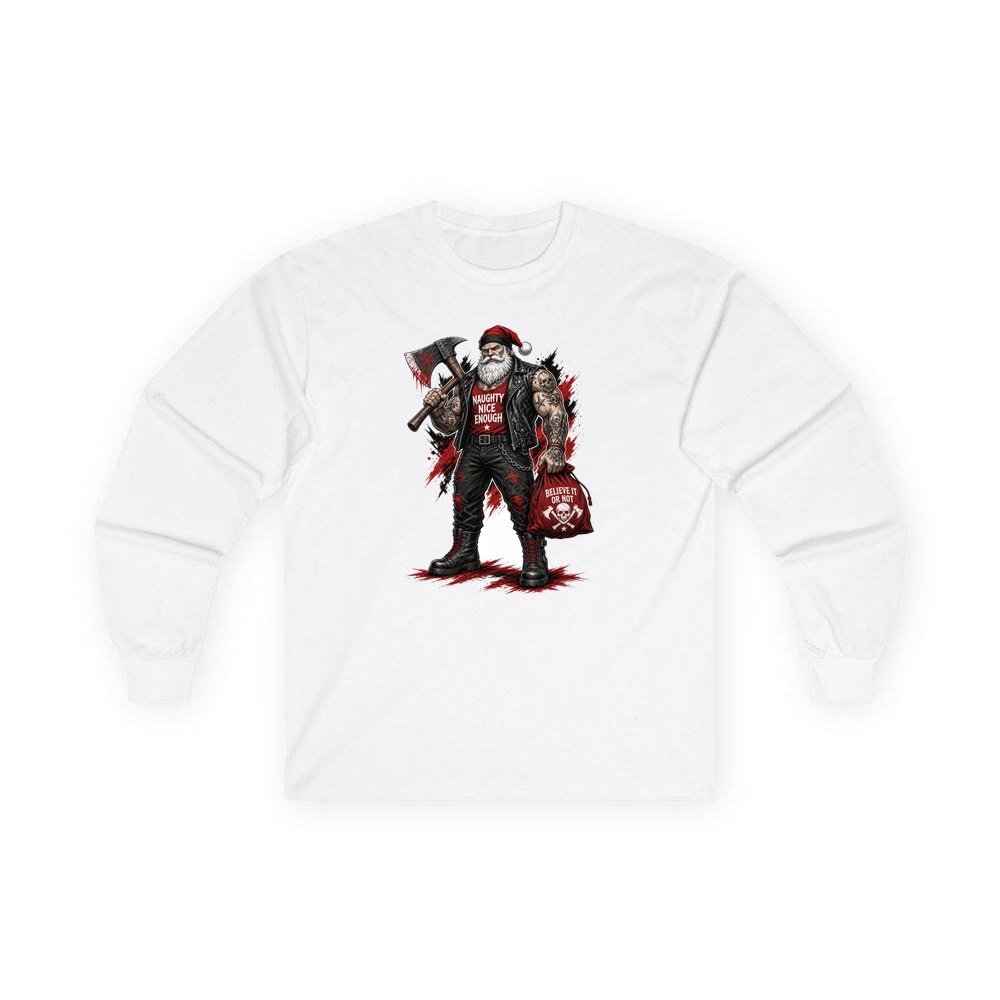 Naughty Nice Enough Biker Santa personalised long sleeve Christmas T-shirt in white
