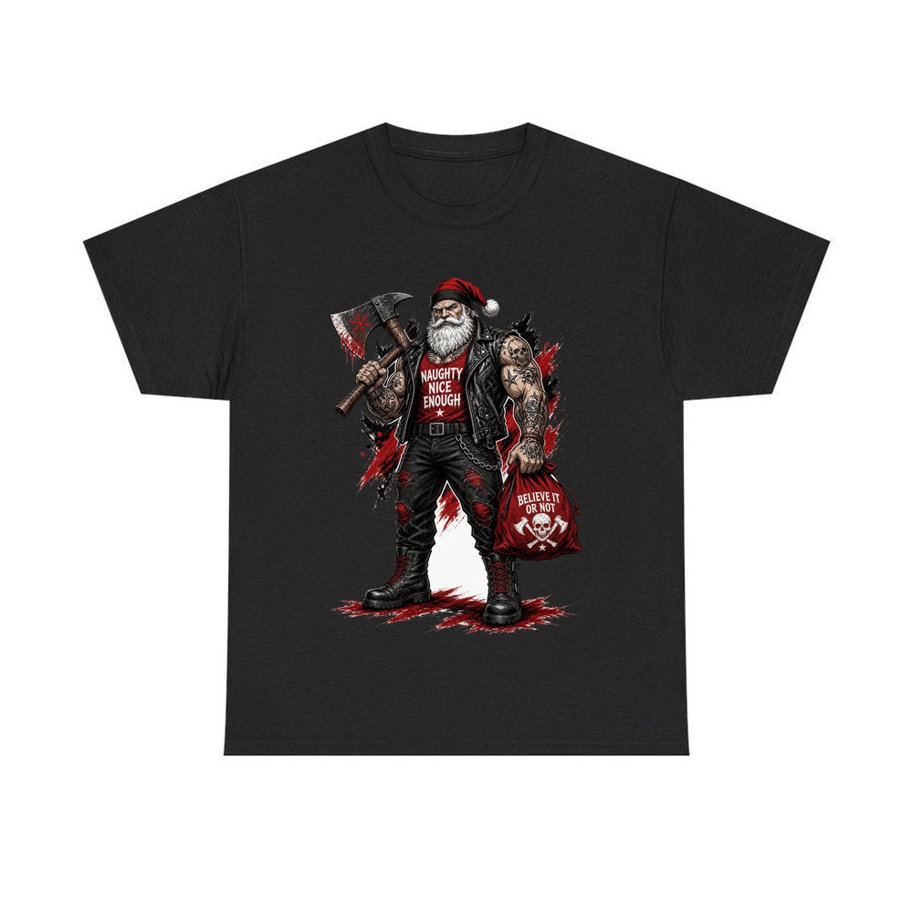 Naughty Nice Enough Biker Santa personalised Christmas T-shirt in black