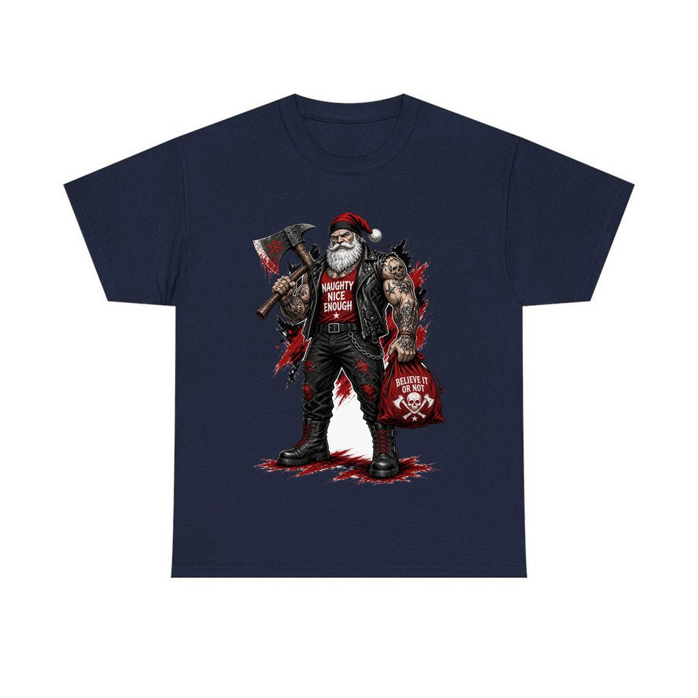 Naughty Nice Enough Biker Santa personalised Christmas T-shirt in navy