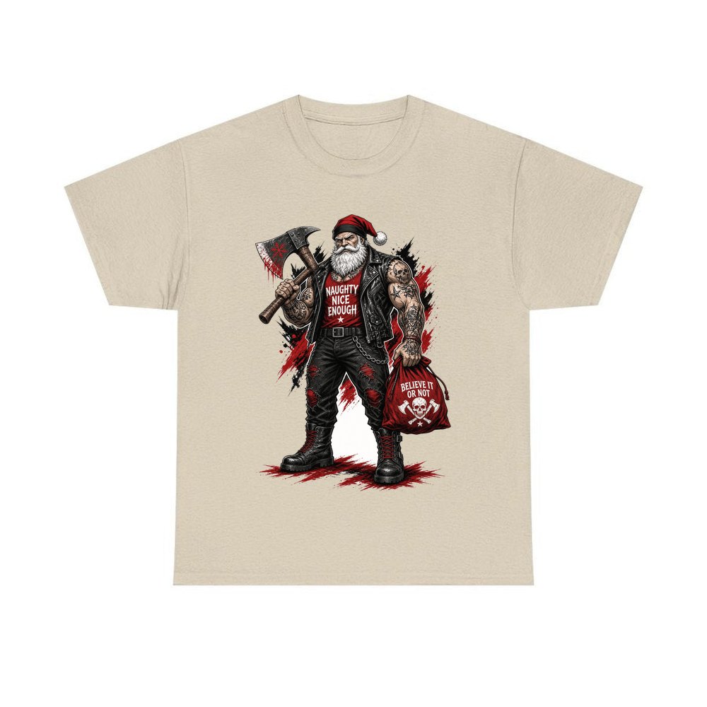 Naughty Nice Enough Biker Santa personalised Christmas T-shirt in sand