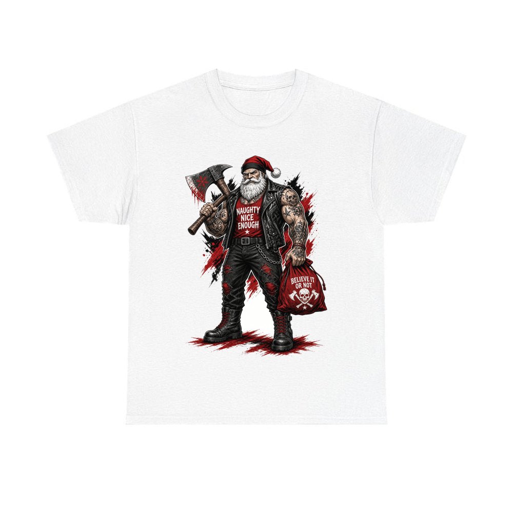 Naughty Nice Enough Biker Santa personalised Christmas T-shirt in white