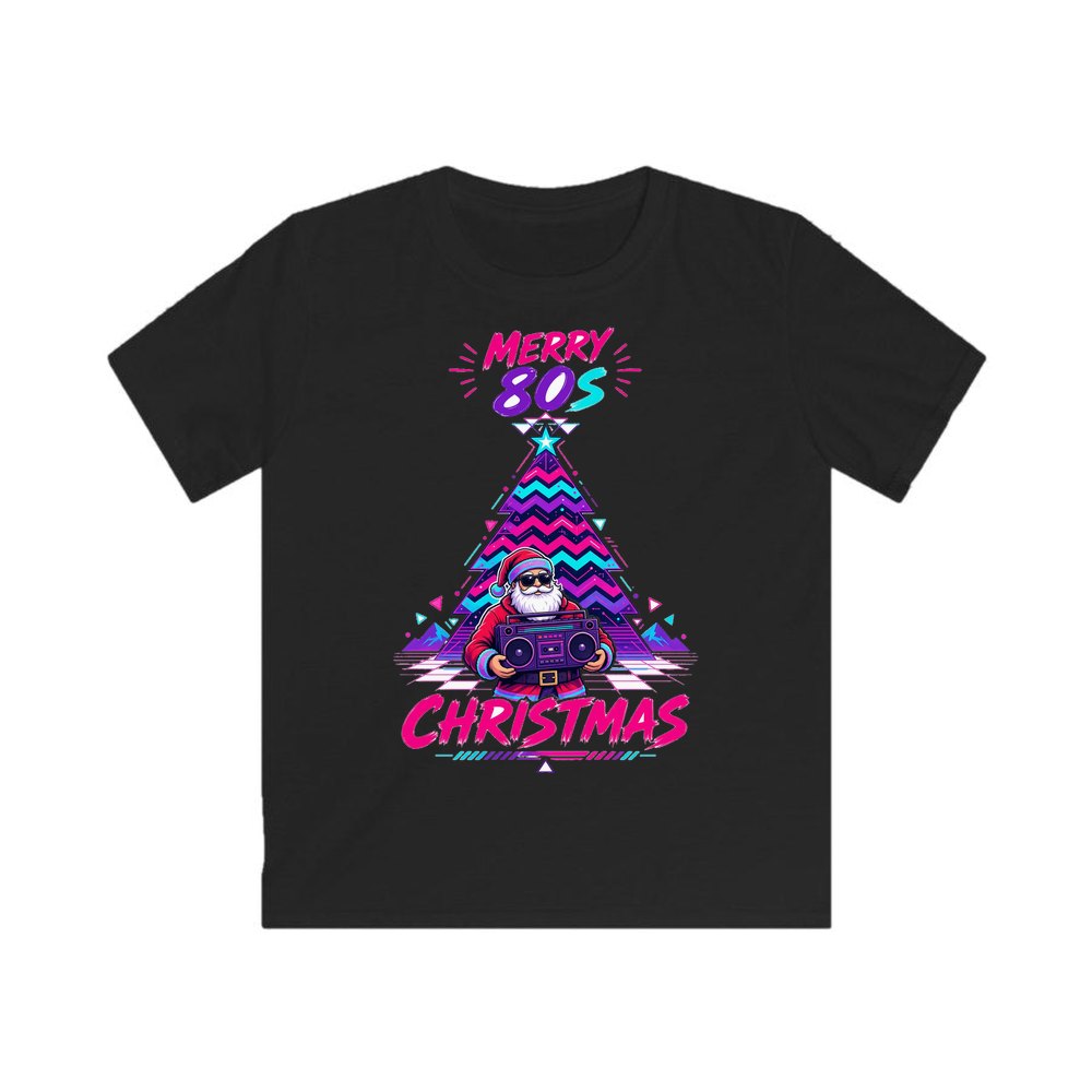 Neon Boombox Santa personalised kids Christmas tee in black