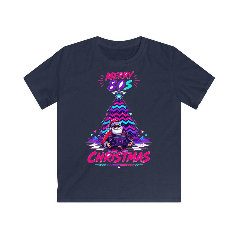 Neon Boombox Santa personalised kids Christmas tee in navy