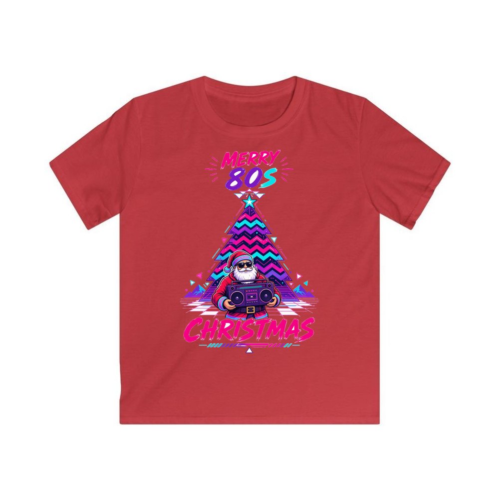 Neon Boombox Santa personalised kids Christmas tee in red