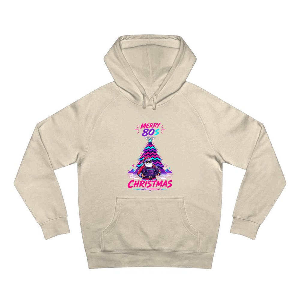 Neon Boombox Santa personalised Christmas hoodie in sand