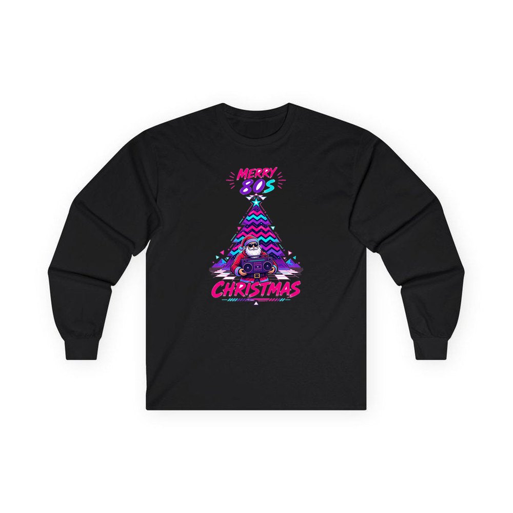 Neon Boombox Santa personalised long sleeve Christmas T-shirt in black