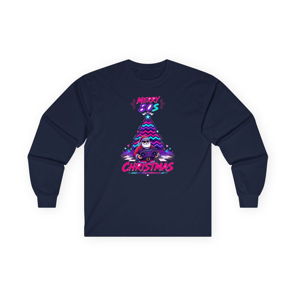 Neon Boombox Santa personalised long sleeve Christmas T-shirt in navy
