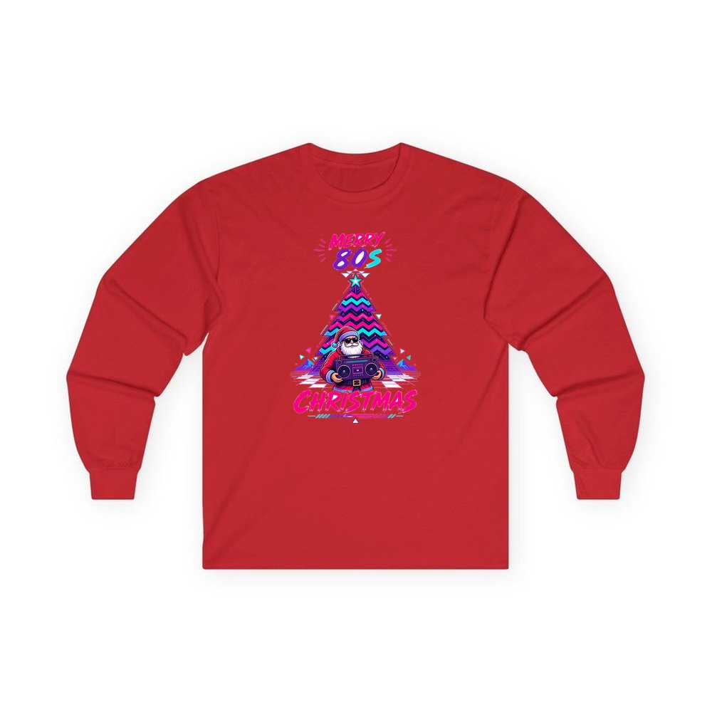 Neon Boombox Santa personalised long sleeve Christmas T-shirt in red