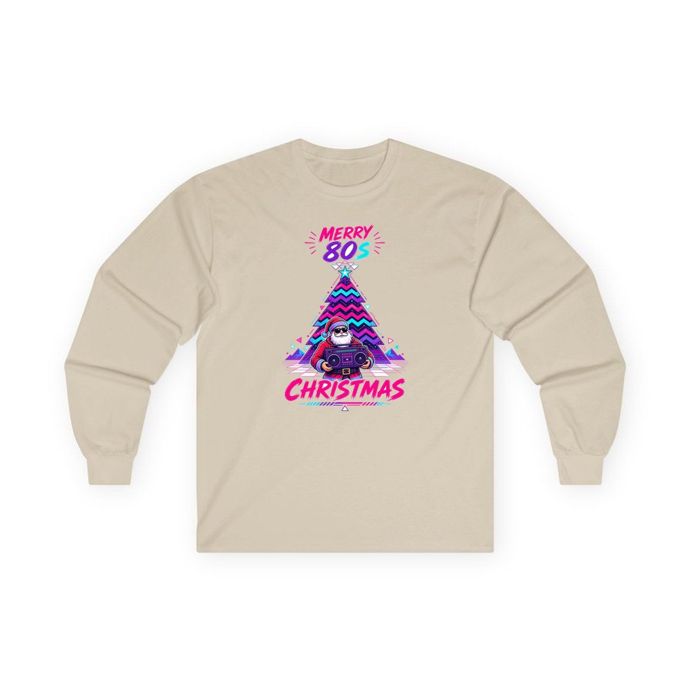 Neon Boombox Santa personalised long sleeve Christmas T-shirt in sand