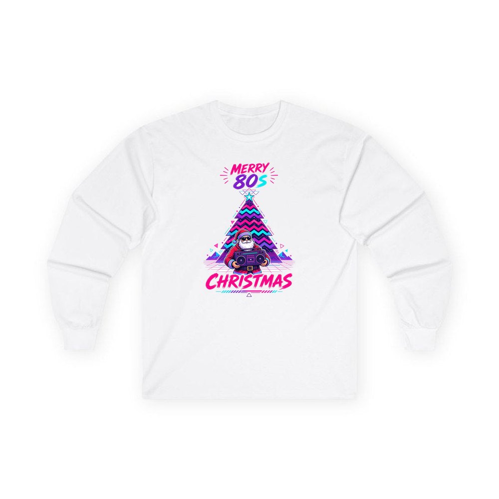 Neon Boombox Santa personalised long sleeve Christmas T-shirt in white