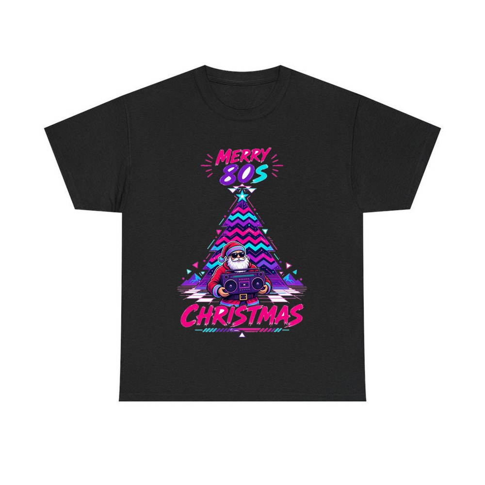 Neon Boombox Santa personalised Christmas T-shirt in black