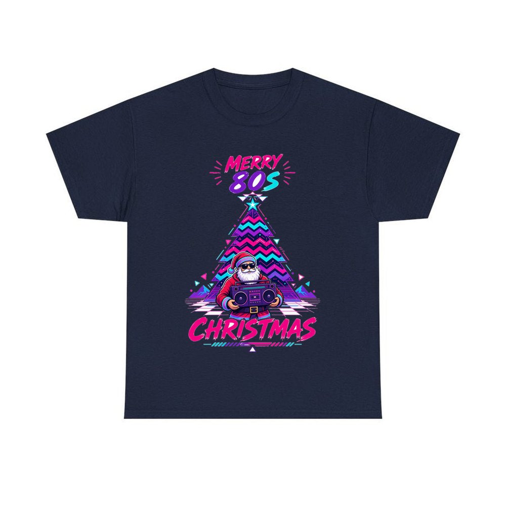 Neon Boombox Santa personalised Christmas T-shirt in navy
