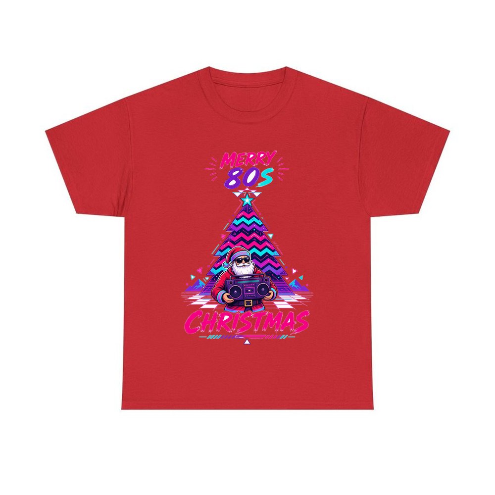 Neon Boombox Santa personalised Christmas T-shirt in red