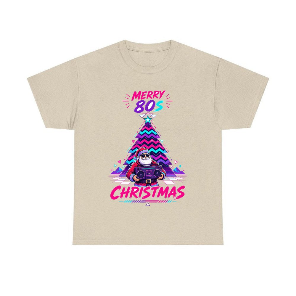 Neon Boombox Santa personalised Christmas T-shirt in sand