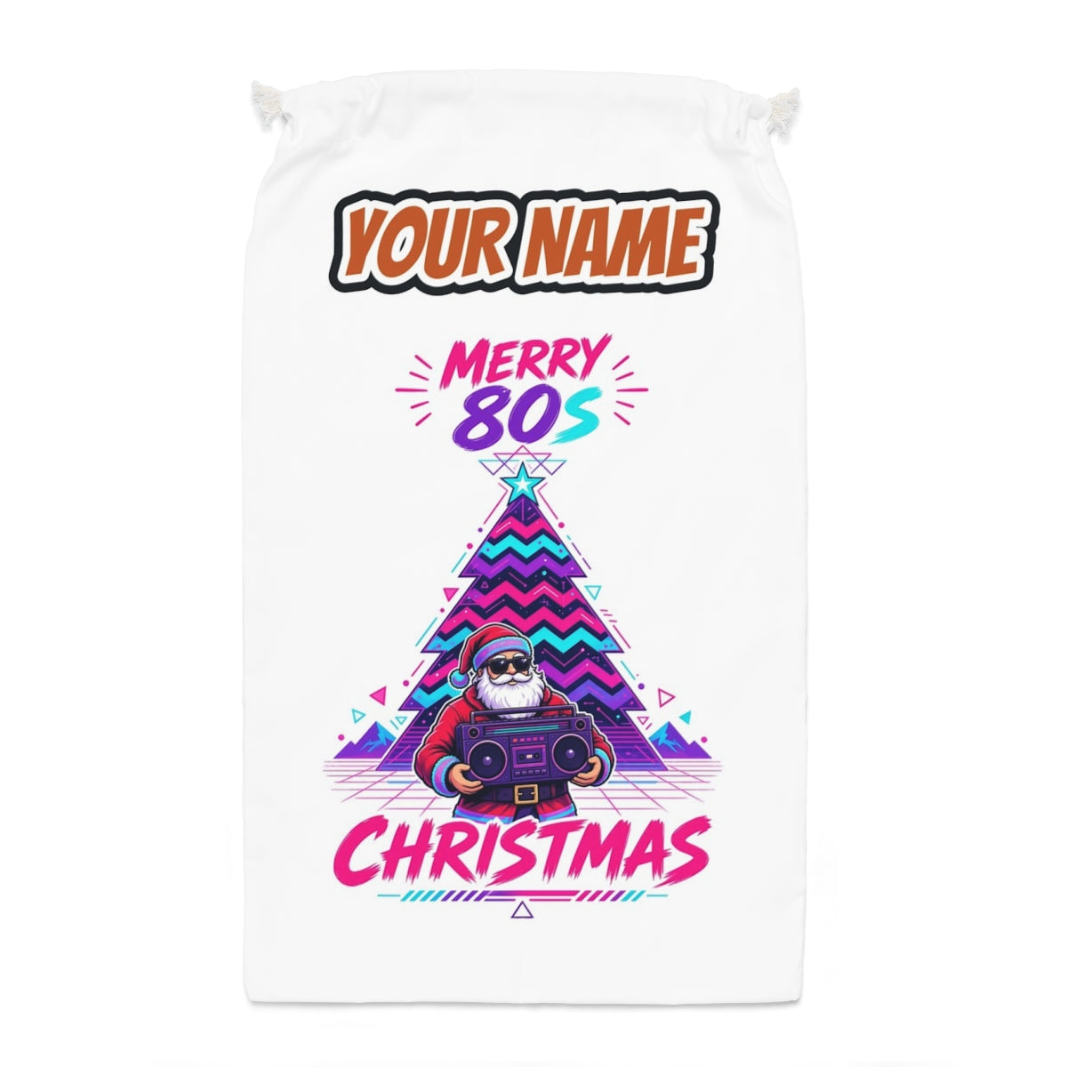 Neon Boombox Santa Santa sack laid flat, showing the full print