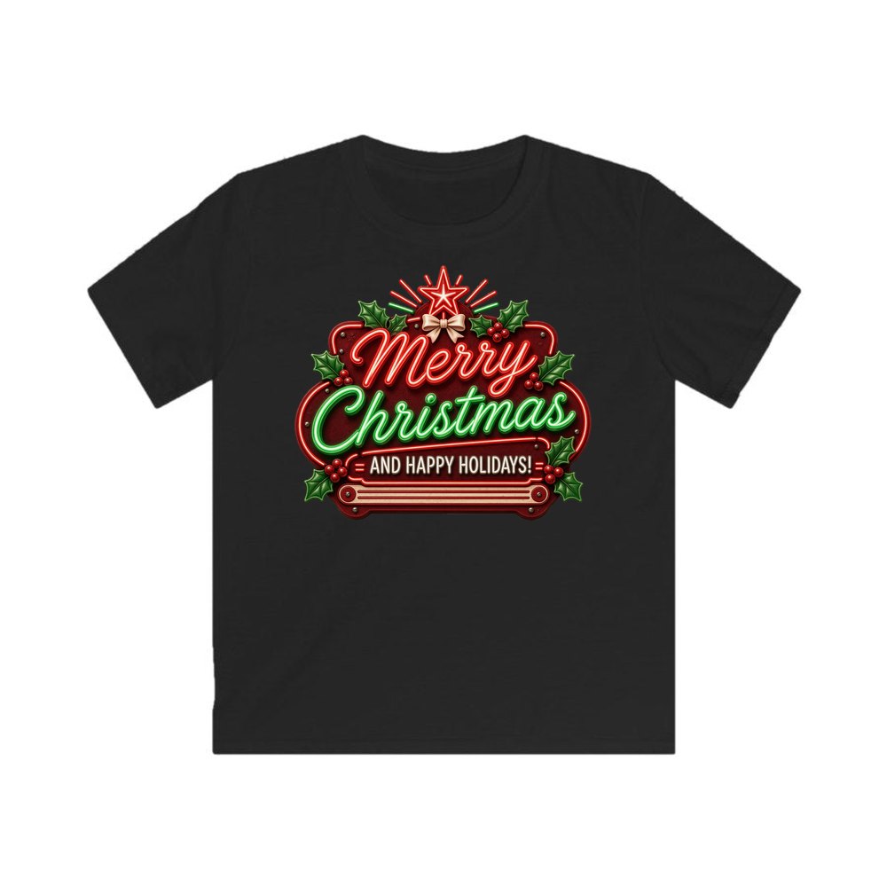 Neon Christmas Sign personalised kids Christmas tee in black
