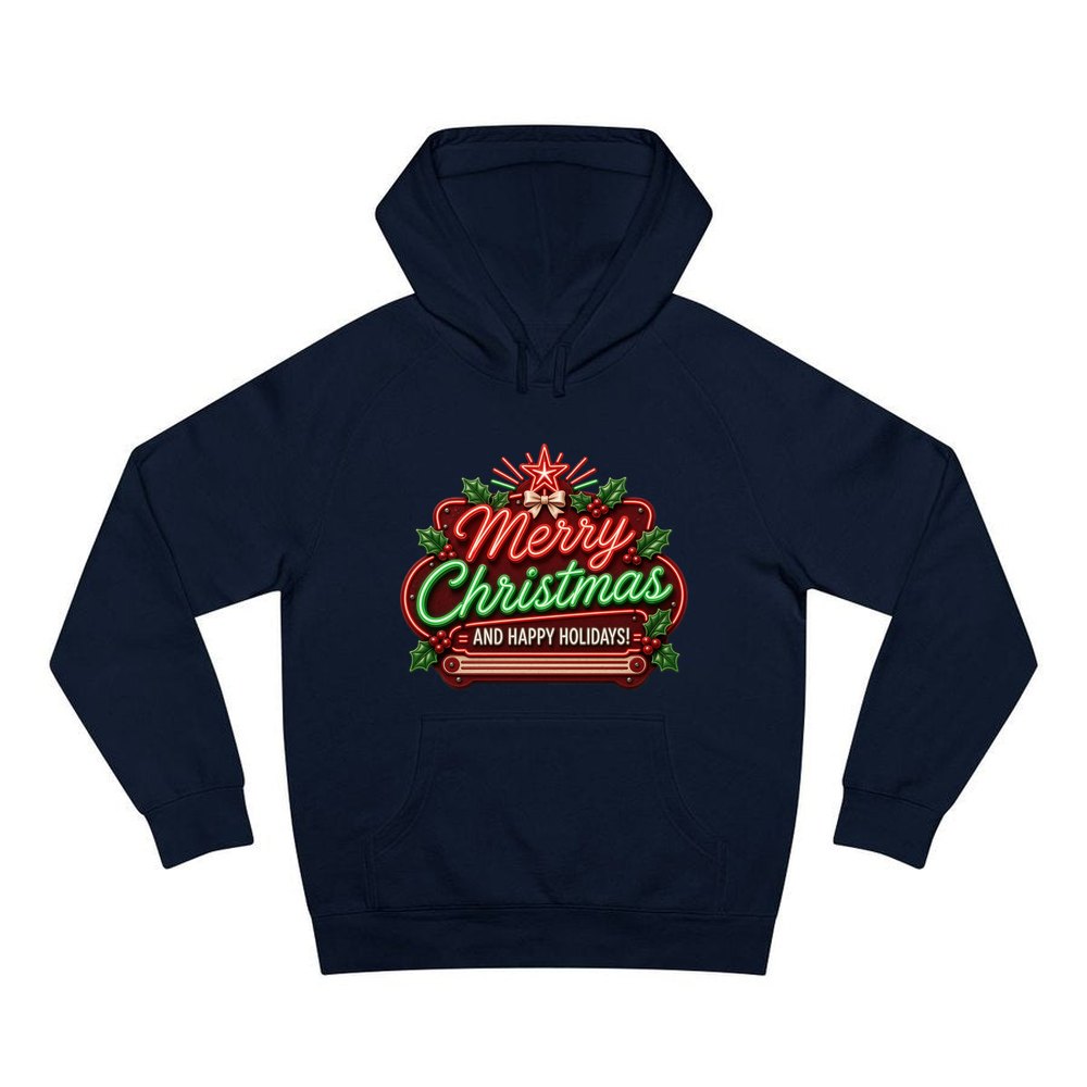 Neon Christmas Sign personalised Christmas hoodie in navy