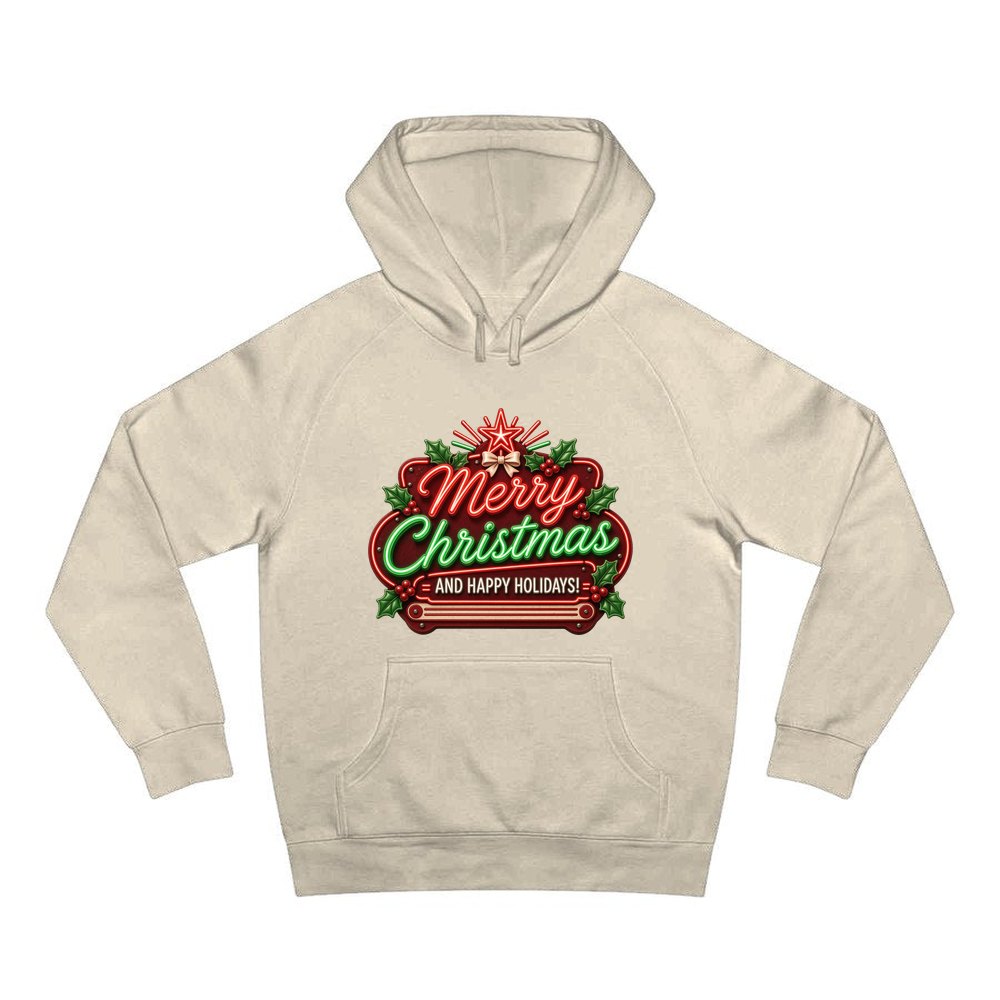 Neon Christmas Sign personalised Christmas hoodie in sand