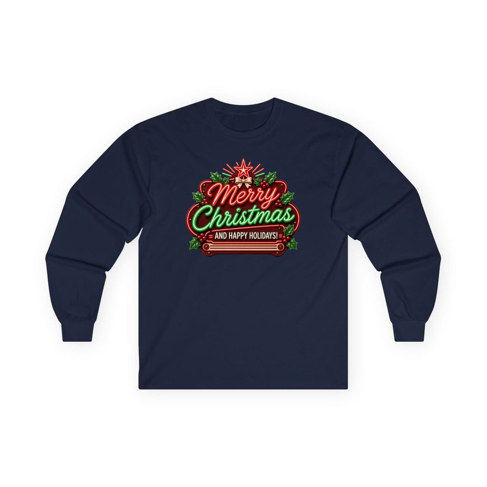 Neon Christmas Sign personalised long sleeve Christmas T-shirt in navy