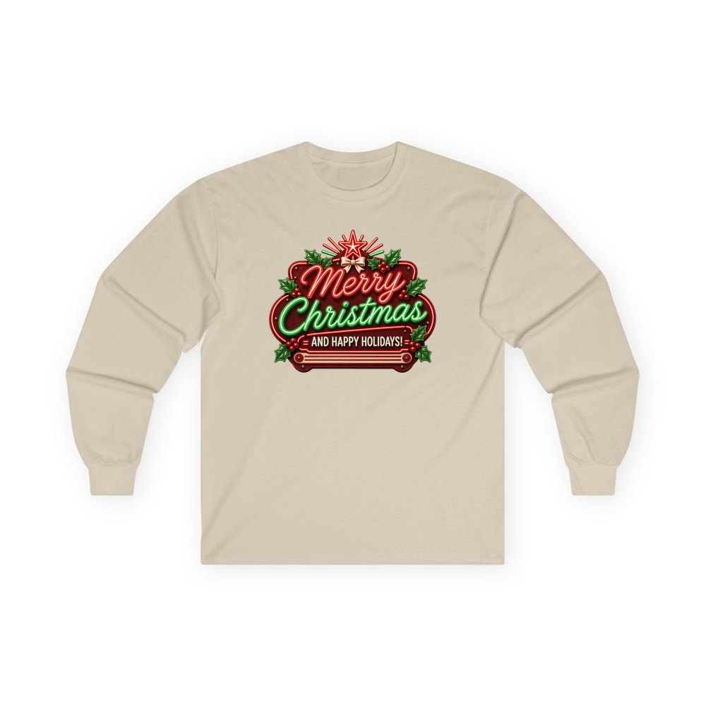 Neon Christmas Sign personalised long sleeve Christmas T-shirt in sand