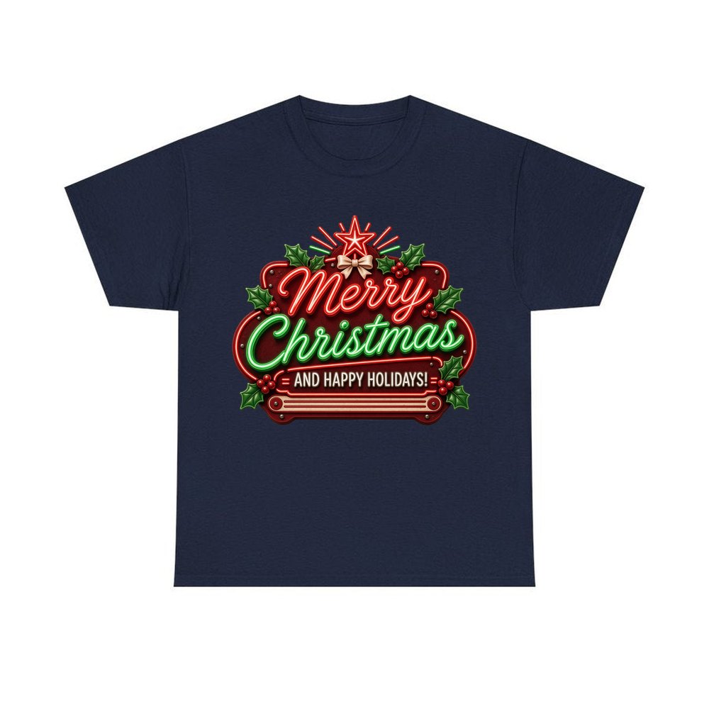 Neon Christmas Sign personalised Christmas T-shirt in navy