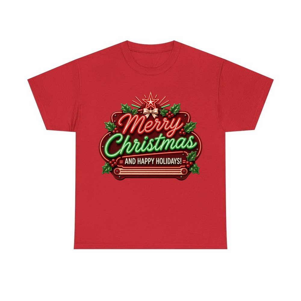 Neon Christmas Sign personalised Christmas T-shirt in red