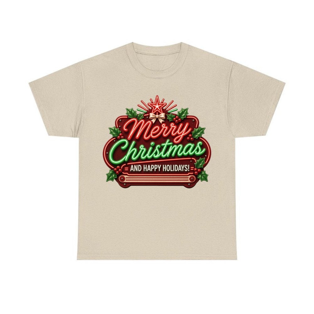 Neon Christmas Sign personalised Christmas T-shirt in sand
