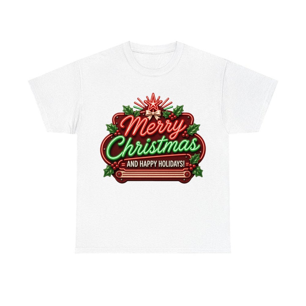 Neon Christmas Sign personalised Christmas T-shirt in white