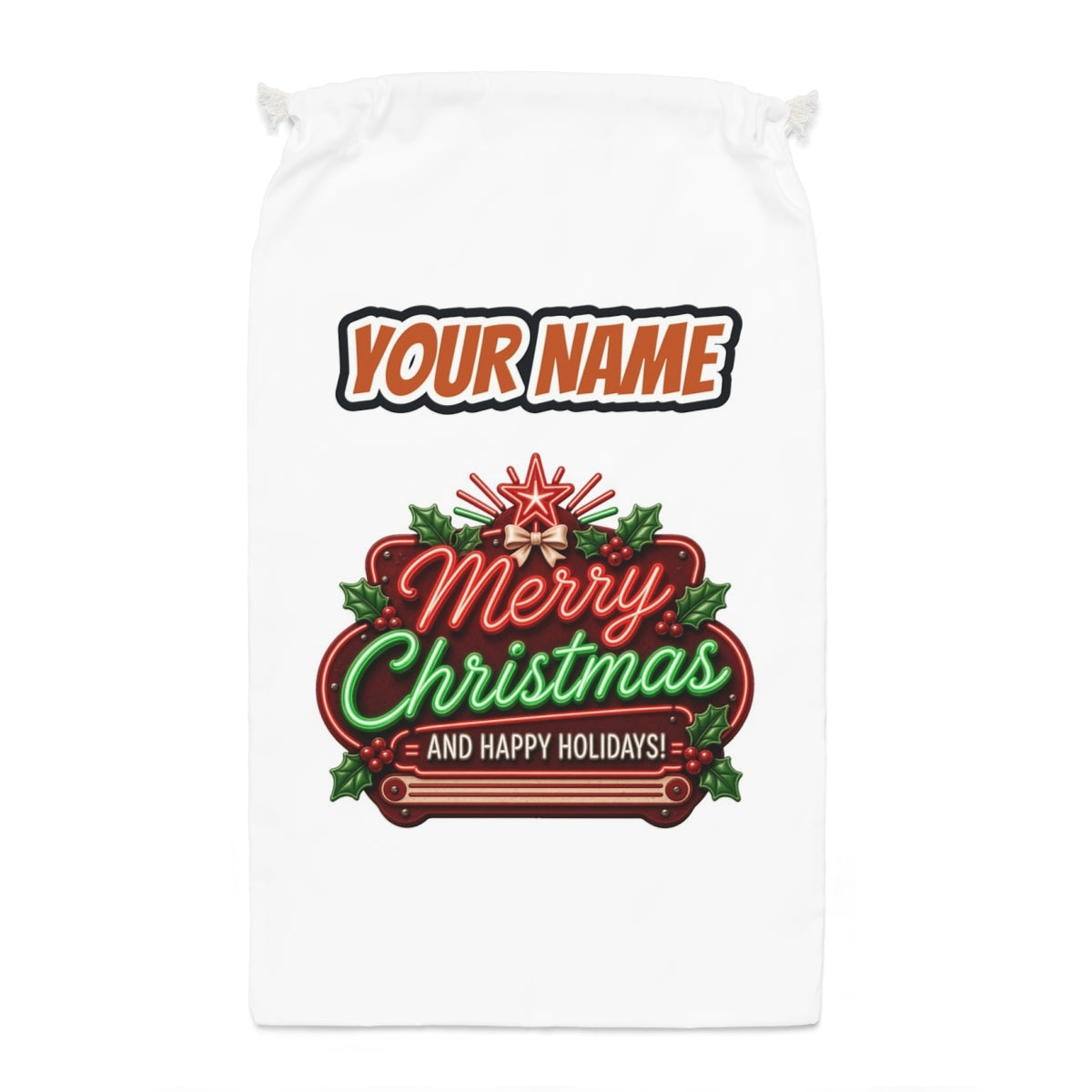 Neon Christmas Sign Santa sack laid flat, showing the full print