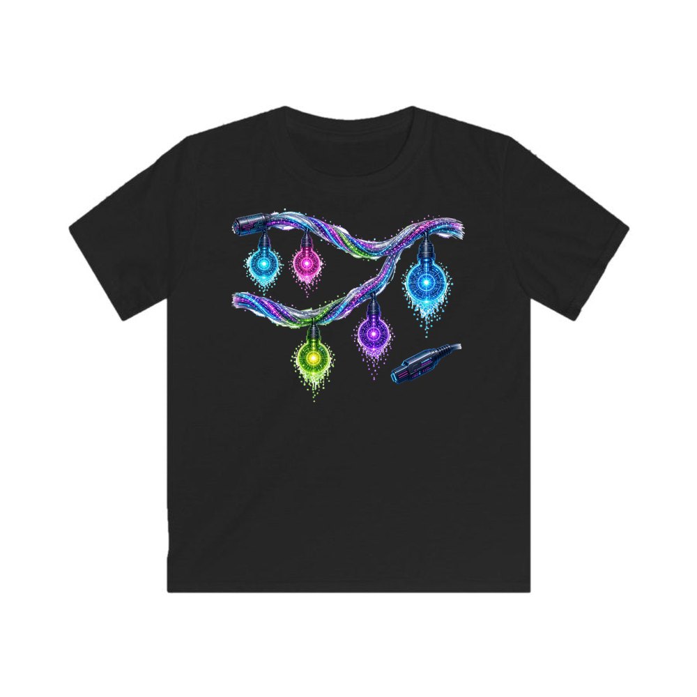 Neon Circuit Fairy Lights personalised kids Christmas tee in black