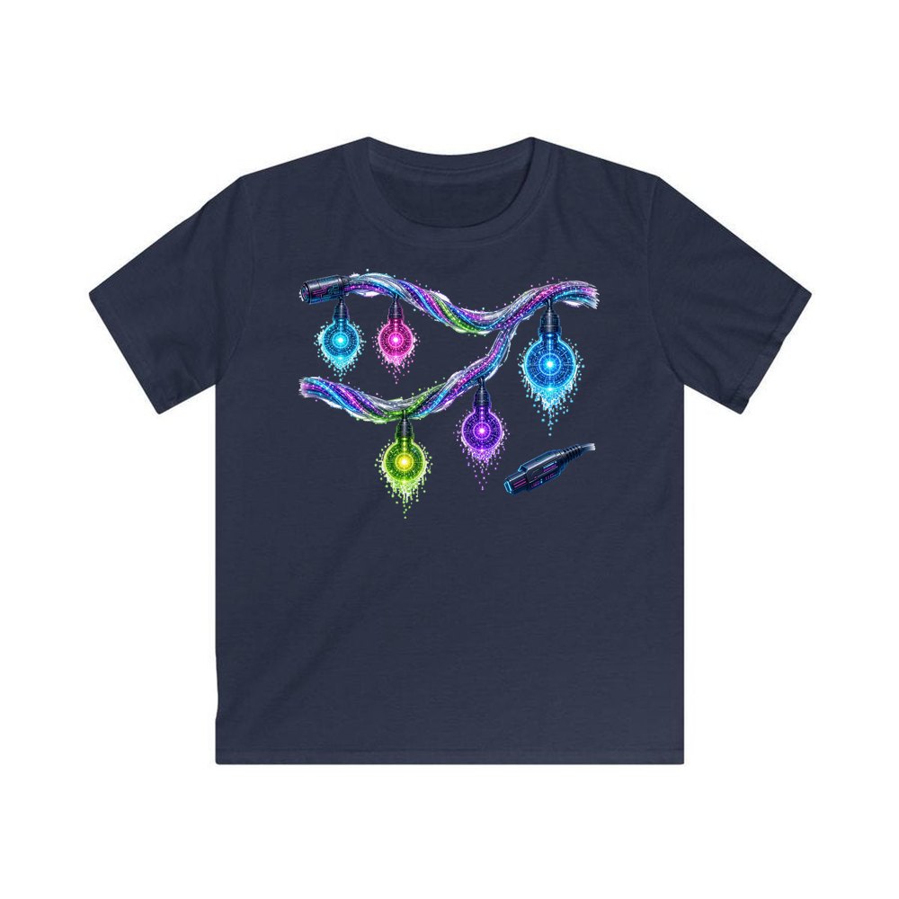 Neon Circuit Fairy Lights personalised kids Christmas tee in navy