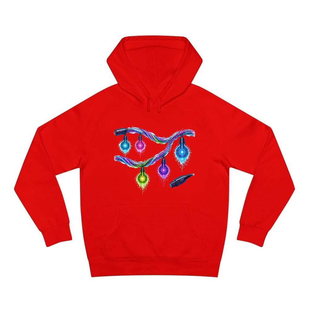 Neon Circuit Fairy Lights personalised Christmas hoodie in red
