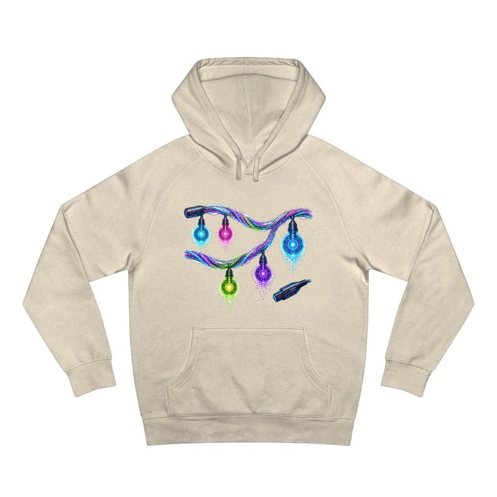 Neon Circuit Fairy Lights personalised Christmas hoodie in sand