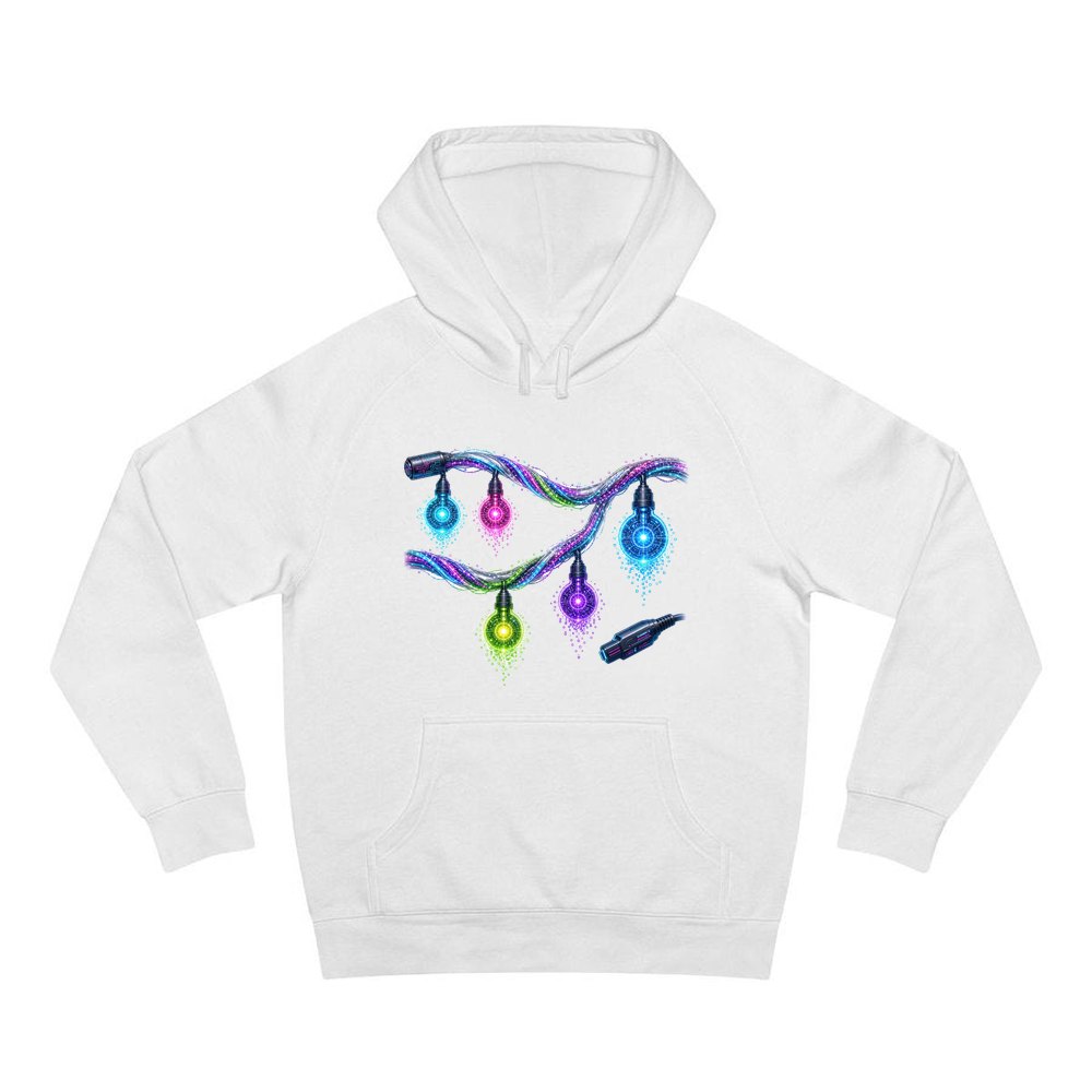 Neon Circuit Fairy Lights personalised Christmas hoodie in white