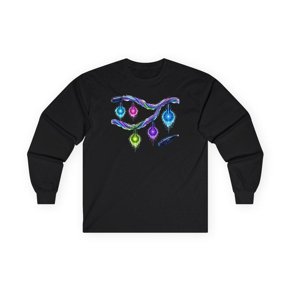 Neon Circuit Fairy Lights personalised long sleeve Christmas T-shirt in black