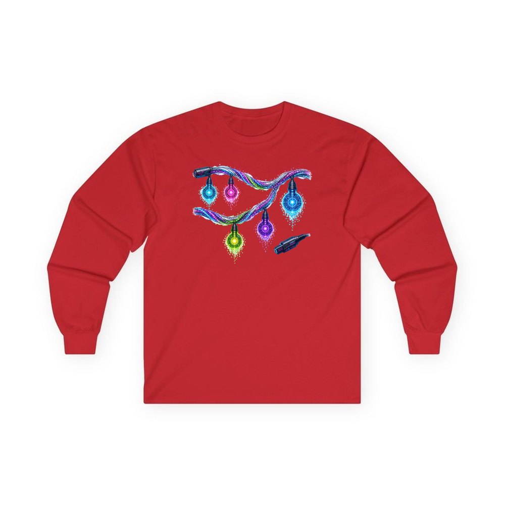 Neon Circuit Fairy Lights personalised long sleeve Christmas T-shirt in red