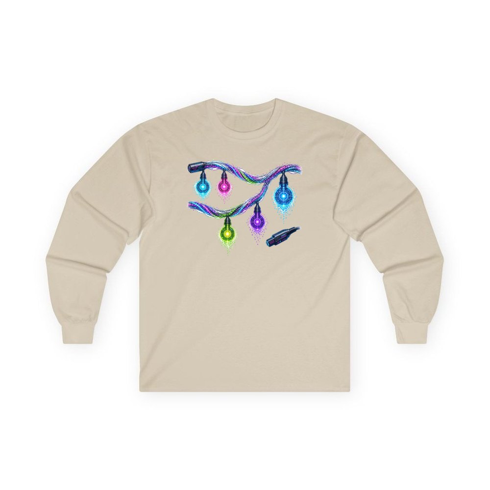 Neon Circuit Fairy Lights personalised long sleeve Christmas T-shirt in sand