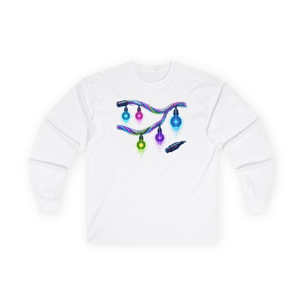 Neon Circuit Fairy Lights personalised long sleeve Christmas T-shirt in white