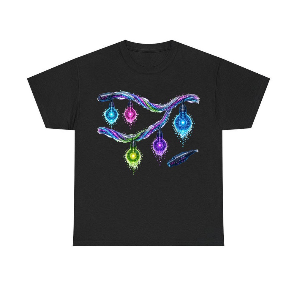 Neon Circuit Fairy Lights personalised Christmas T-shirt in black