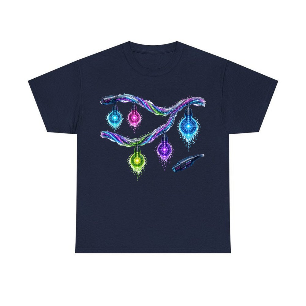 Neon Circuit Fairy Lights personalised Christmas T-shirt in navy
