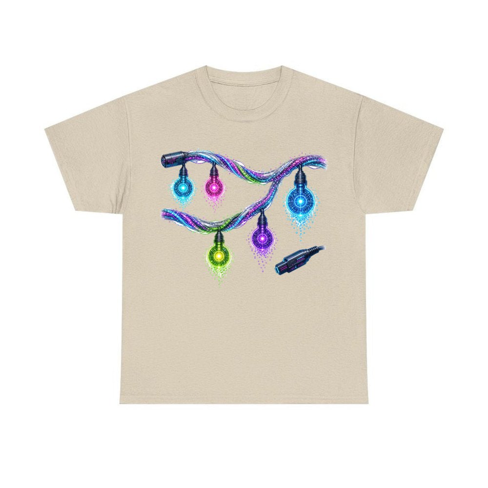 Neon Circuit Fairy Lights personalised Christmas T-shirt in sand